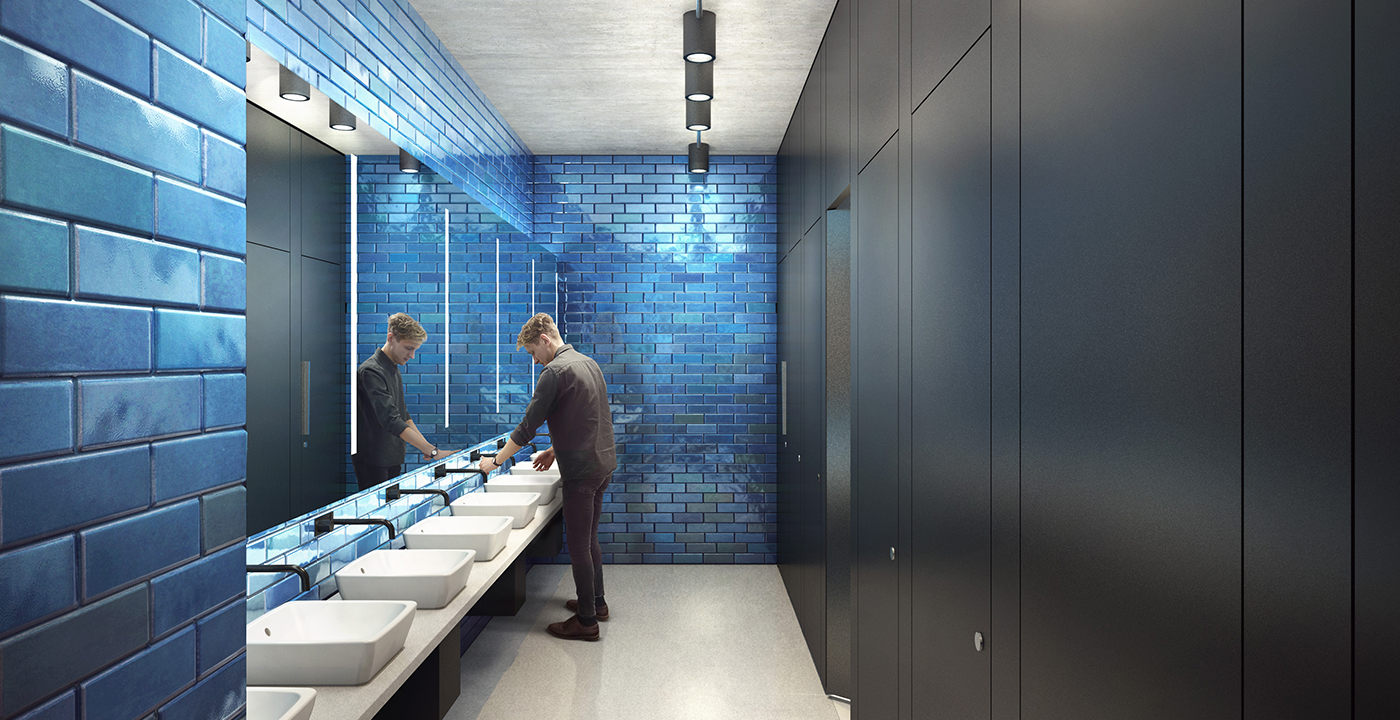 Bathrooms feature unique glazed brick tiles which provide moments of unexpected colour - The Ray Farringdon